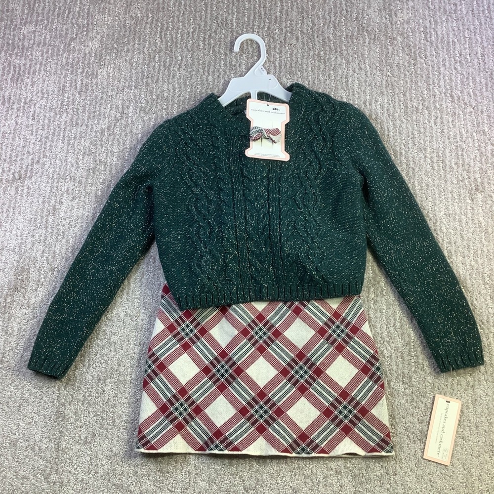 Cupcakes and Cashmere Kids 5T Green Metallic Sweater Plaid Skirt Set NWT